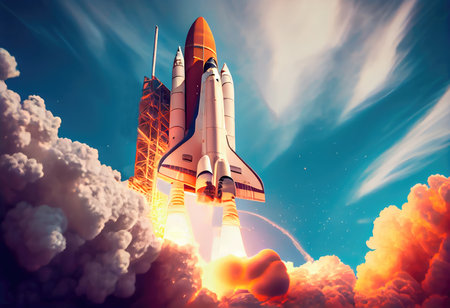 Concept illustration of a space shuttle launch against a blue sky. Generative AIの素材