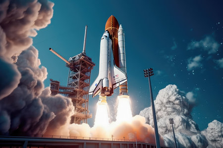 Concept illustration of a space shuttle launch against a blue sky. Generative AIの素材