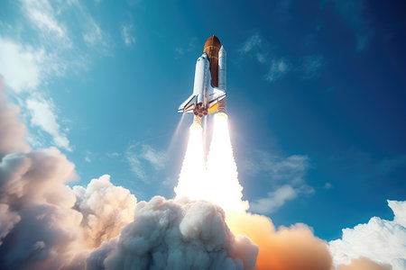 Concept illustration of a space shuttle launch against a blue sky. Generative AIの素材