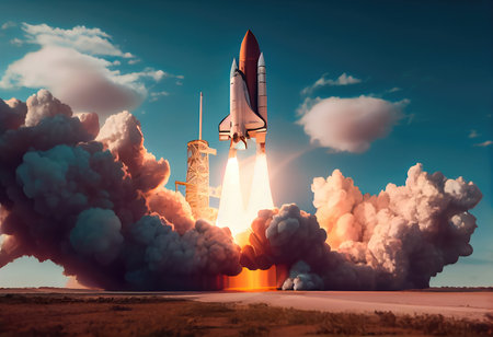 Concept illustration of a space shuttle launch against a blue sky. Generative AIの素材