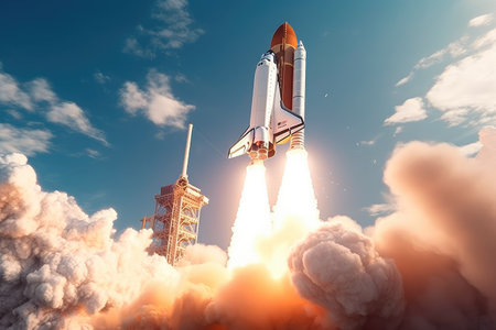 Concept illustration of a space shuttle launch against a blue sky. Generative AIの素材