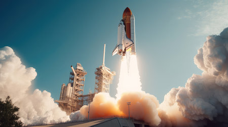 Concept illustration of a space shuttle launch against a blue sky. Generative AIの素材