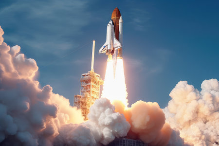 Concept illustration of a space shuttle launch against a blue sky. Generative AIの素材