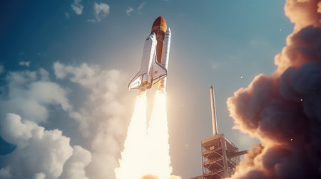 Concept illustration of a space shuttle launch against a blue sky. Generative AIの素材
