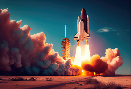 Concept illustration of a space shuttle launch against a blue sky. Generative AIの素材