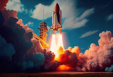Concept illustration of a space shuttle launch against a blue sky. Generative AIの素材