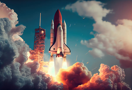 Concept illustration of a space shuttle launch against a blue sky. Generative AIの素材