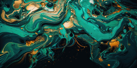 Concept illustration of a abstract background with marble effect and turquoise and blue curls decorated with gold glitter, modern art. Generative AIの素材