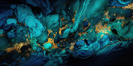 Concept illustration of a abstract background with marble effect and turquoise and blue curls decorated with gold glitter, modern art. Generative AIの素材