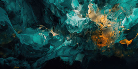 Concept illustration of a abstract background with marble effect and turquoise and blue curls decorated with gold glitter, modern art. Generative AIの素材
