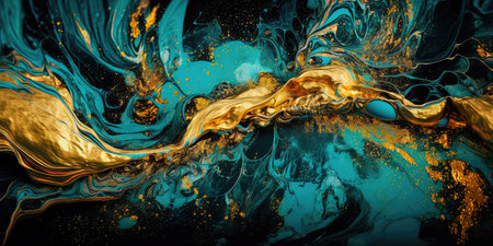 Concept illustration of a abstract background with marble effect and turquoise and blue curls decorated with gold glitter, modern art. Generative AIの素材