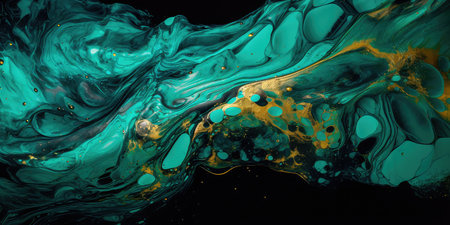 Concept illustration of a abstract background with marble effect and turquoise and blue curls decorated with gold glitter, modern art. Generative AIの素材