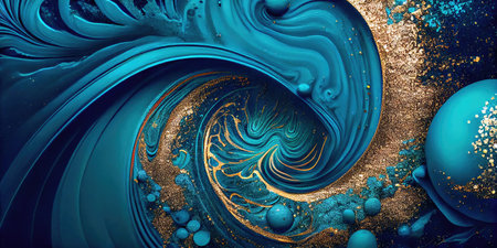 Concept illustration of a abstract background with marble effect and turquoise and blue curls decorated with gold glitter, modern art. Generative AIの素材