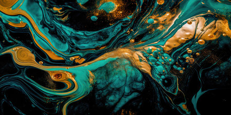 Concept illustration of a abstract background with marble effect and turquoise and blue curls decorated with gold glitter, modern art. Generative AIの素材