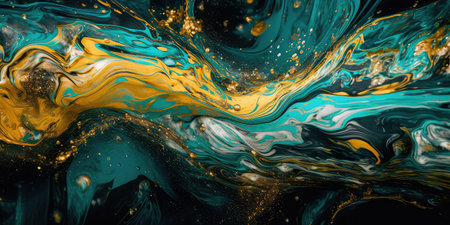Concept illustration of a abstract background with marble effect and turquoise and blue curls decorated with gold glitter, modern art. Generative AIの素材