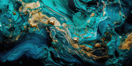 Concept illustration of a abstract background with marble effect and turquoise and blue curls decorated with gold glitter, modern art. Generative AIの素材