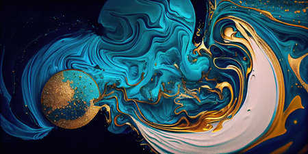Concept illustration of a abstract background with marble effect and turquoise and blue curls decorated with gold glitter, modern art. Generative AIの素材