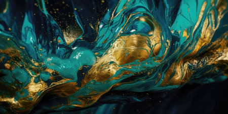 Concept illustration of a abstract background with marble effect and turquoise and blue curls decorated with gold glitter, modern art. Generative AIの素材