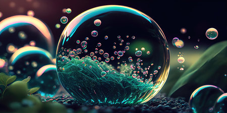 Concept illustration of a perfect transparent shiny soap bubbles on a black background. Generative AIの素材