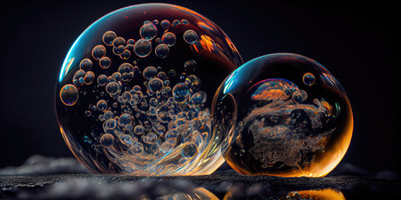 Concept illustration of a perfect transparent shiny soap bubbles on a black background. Generative AIの素材
