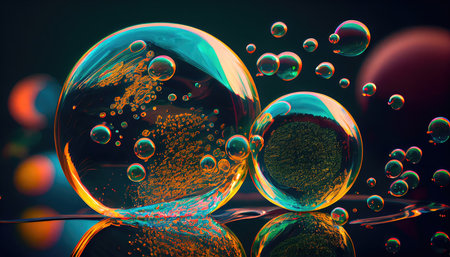 Concept illustration of a perfect transparent shiny soap bubbles on a black background. Generative AIの素材