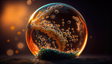 Concept illustration of a perfect transparent shiny soap bubbles on a black background. Generative AIの素材