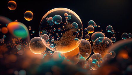 Concept illustration of a perfect transparent shiny soap bubbles on a black background. Generative AIの素材