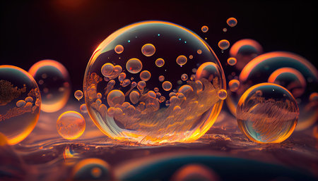 Concept illustration of a perfect transparent shiny soap bubbles on a black background. Generative AIの素材
