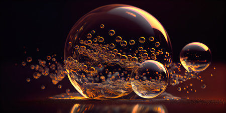 Concept illustration of a perfect transparent shiny soap bubbles on a black background. Generative AIの素材