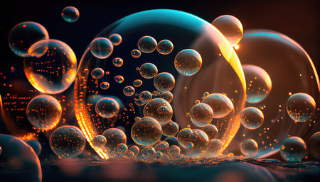 Concept illustration of a perfect transparent shiny soap bubbles on a black background. Generative AIの素材