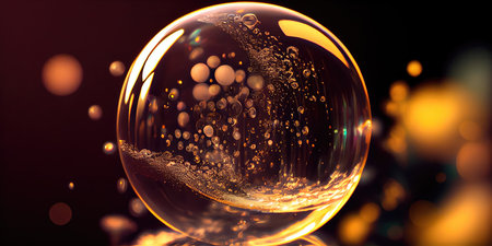 Concept illustration of a perfect transparent shiny soap bubbles on a black background. Generative AIの素材