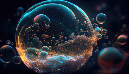 Concept illustration of a perfect transparent shiny soap bubbles on a black background. Generative AIの素材