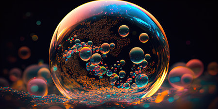 Concept illustration of a perfect transparent shiny soap bubbles on a black background. Generative AIの素材