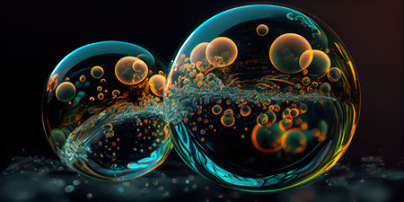 Concept illustration of a perfect transparent shiny soap bubbles on a black background. Generative AIの素材