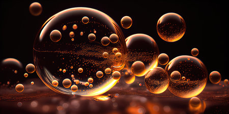 Concept illustration of a perfect transparent shiny soap bubbles on a black background. Generative AIの素材