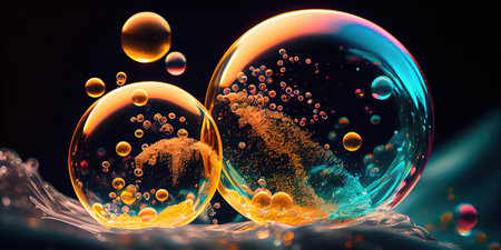 Concept illustration of a perfect transparent shiny soap bubbles on a black background. Generative AIの素材
