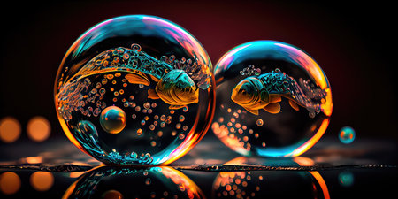 Concept illustration of a perfect transparent shiny soap bubbles on a black background. Generative AIの素材