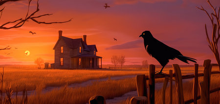 Concept illustration of a spooky afternoon scene and raven looking home.Generative AIの素材