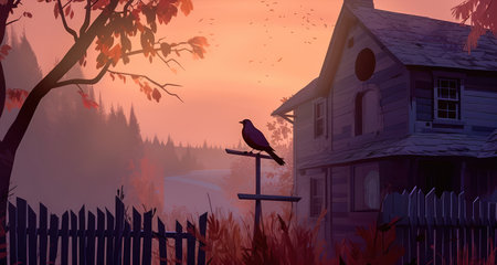 Concept illustration of a spooky afternoon scene and raven looking home.Generative AIの素材