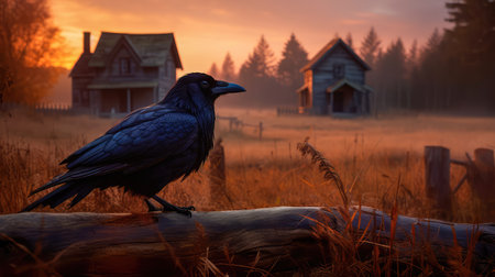 Concept illustration of a spooky afternoon scene and raven looking home.Generative AIの素材