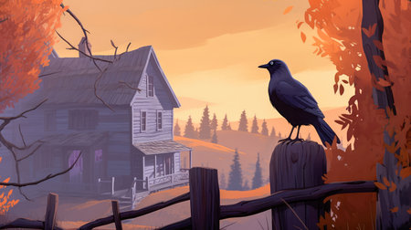 Concept illustration of a spooky afternoon scene and raven looking home.Generative AIの素材