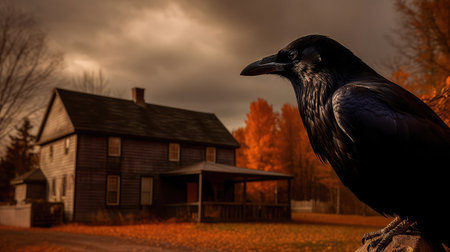 Concept illustration of a spooky afternoon scene and raven looking home.Generative AIの素材