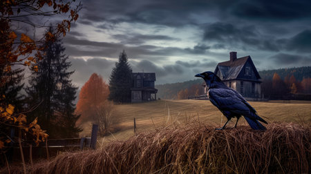 Concept illustration of a spooky afternoon scene and raven looking home.Generative AIの素材