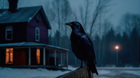 Concept illustration of a spooky afternoon scene and raven looking home.Generative AIの素材