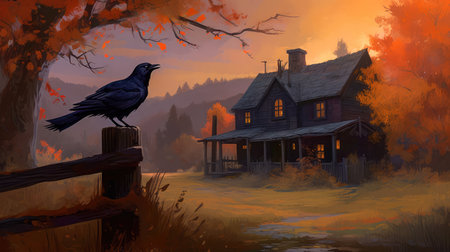 Concept illustration of a spooky afternoon scene and raven looking home.Generative AIの素材