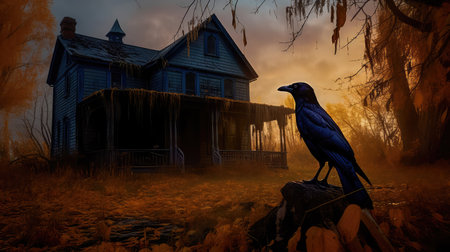Concept illustration of a spooky afternoon scene and raven looking home.Generative AIの素材