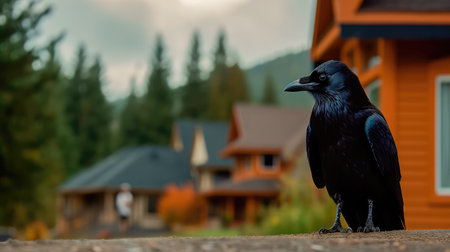 Concept illustration of a spooky afternoon scene and raven looking home.Generative AIの素材