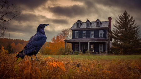 Concept illustration of a spooky afternoon scene and raven looking home.Generative AIの素材