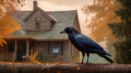 Concept illustration of a spooky afternoon scene and raven looking home.Generative AIの素材