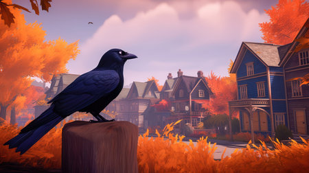 Concept illustration of a spooky afternoon scene and raven looking home.Generative AIの素材